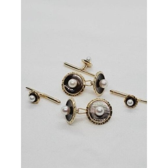 Mikimoto 14k 5 Piece Yellow Gold Cultured Pearl Cuff Link & Shirt Stud Set